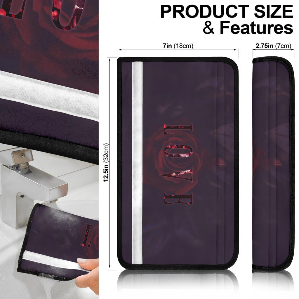 Love Seat Belt Covers - LOVE Text Rose Flower Black Background Belt Covers