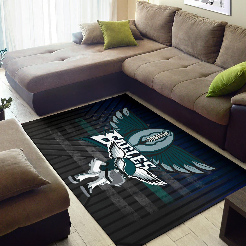 Philadelphia Eagles American Football Team Area Rug Funny Eagle Wearing Helmet Rugby Ball With Wings Rugs Home Decor