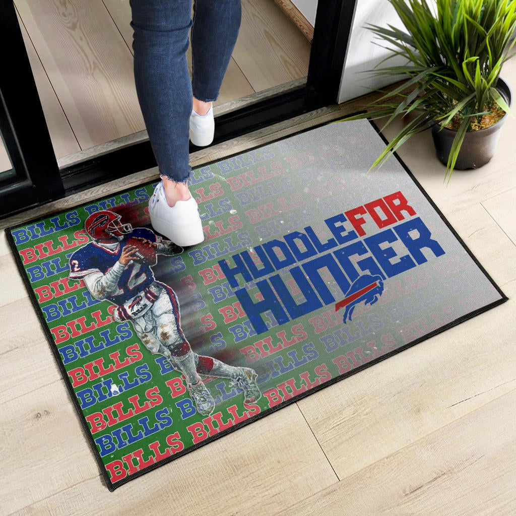 Buffalo Bills American Football Team Door Mat Jim Kelly Catching Ball And Running Huddle For Hunger Door Mat Home Decor