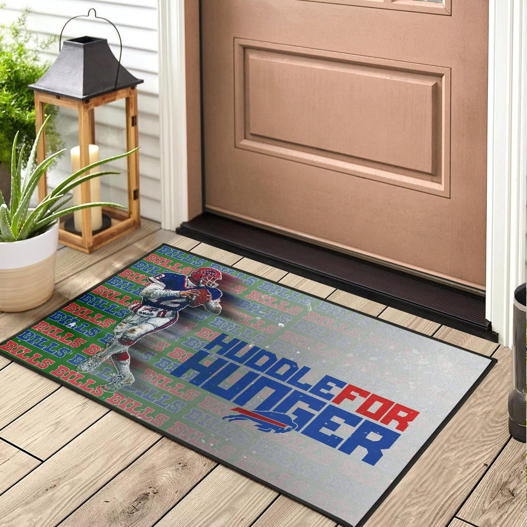 Buffalo Bills American Football Team Door Mat Jim Kelly Catching Ball And Running Huddle For Hunger Door Mat Home Decor