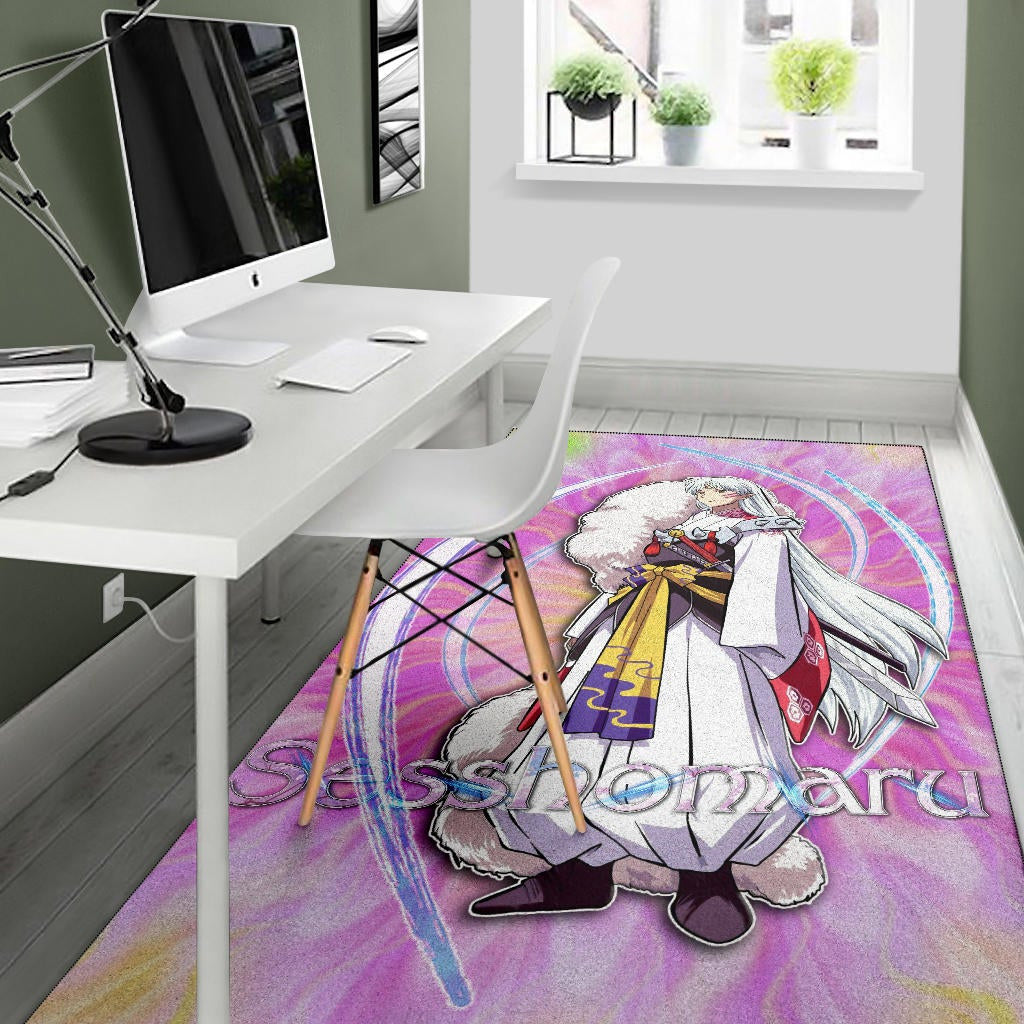 Inuyasha Anime Area Rug Sesshomaru Standing Black Moon Retro Flower Looping Background Rugs Home Decor