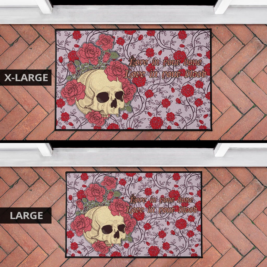 Valentine Door Mat - Skulls With Red Roses Flower Love In Bone And Blood Door Mat Home Decor
