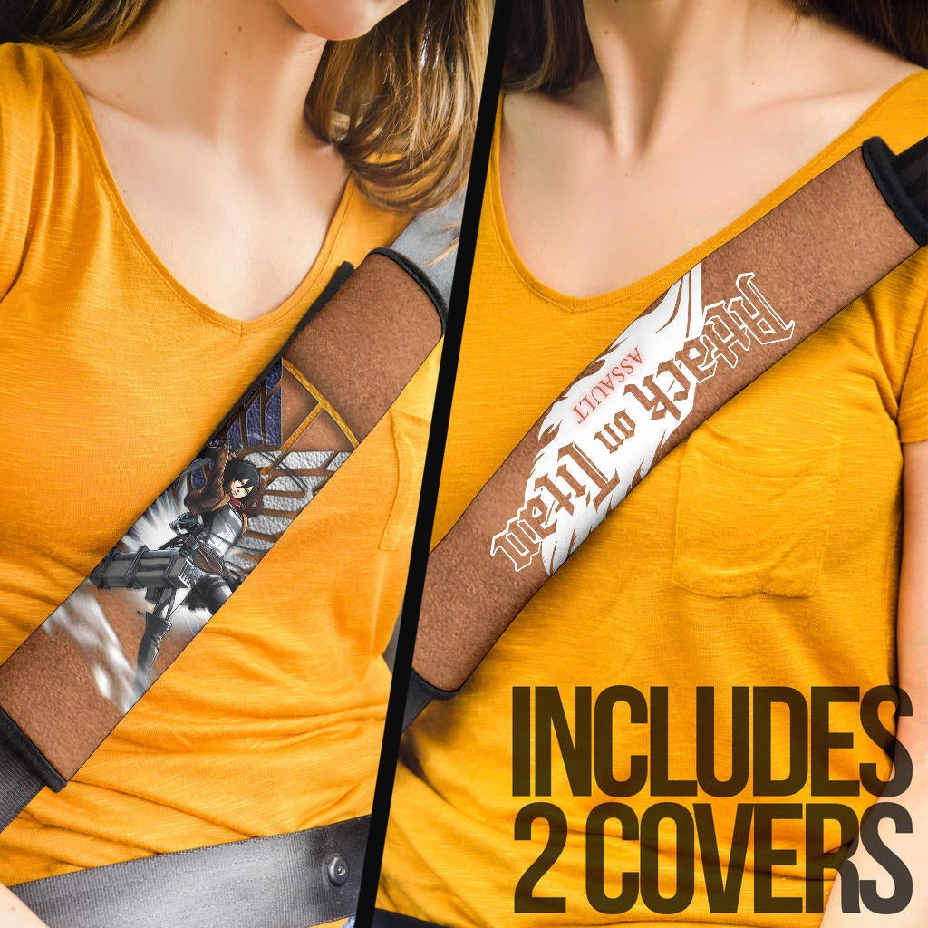 Attack On Titan Anime Seat Belt Covers AOT Mikasa Strong Fighting Wings Of Freedom Symbol Brown Belt Covers