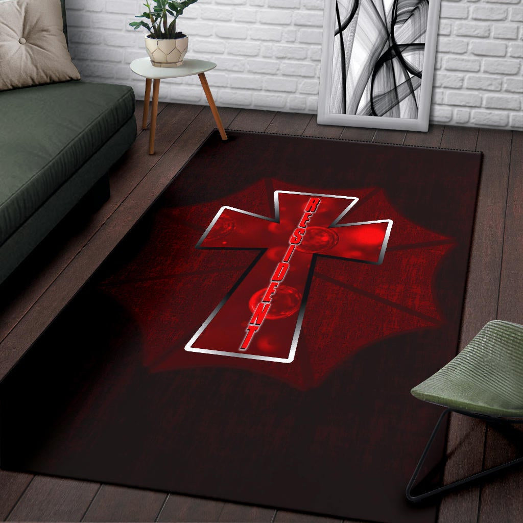 Resident Evil Game Area Rug - Red Umbrella Corporation With Blood In Cross Rugs Home Decor