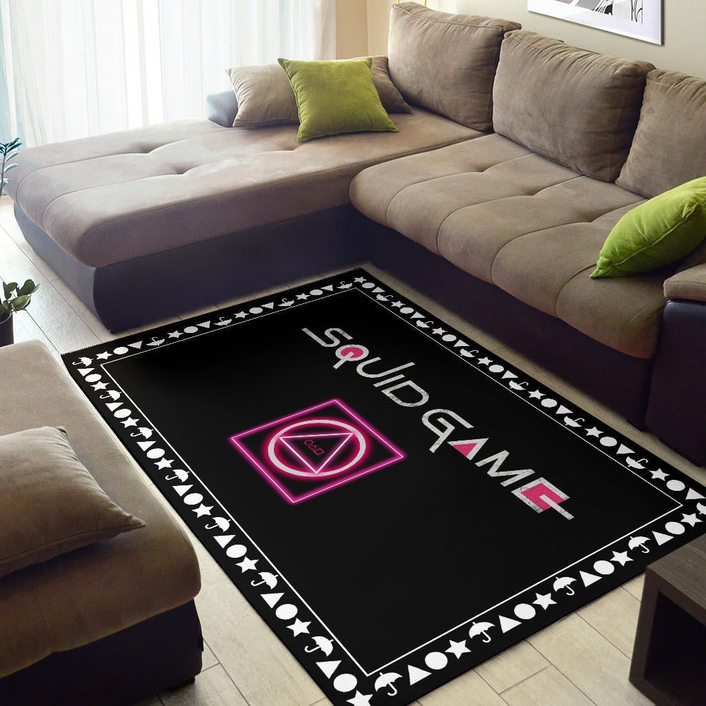 Squid Game Movie Area Rug Neon Squid Symbols Round Square Triangle Umbrella Patterns Rugs Home Decor