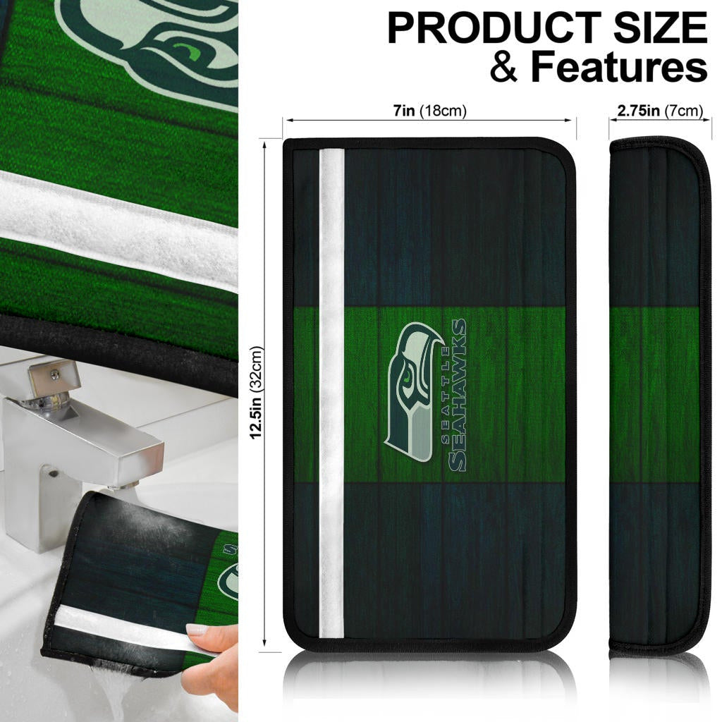 American Football Team Seat Belt Covers - Seattle Seahawks Head On Green Wooden Wall Belt Covers