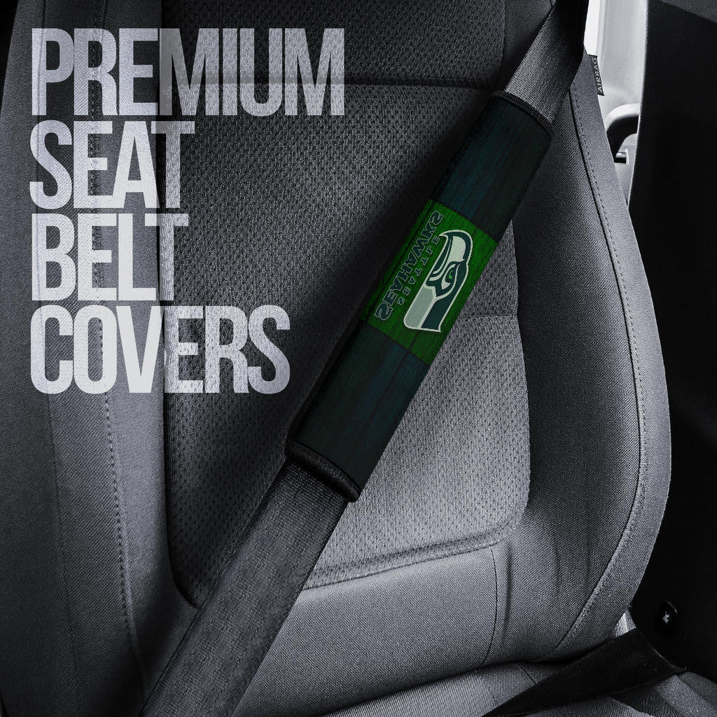 American Football Team Seat Belt Covers - Seattle Seahawks Head On Green Wooden Wall Belt Covers