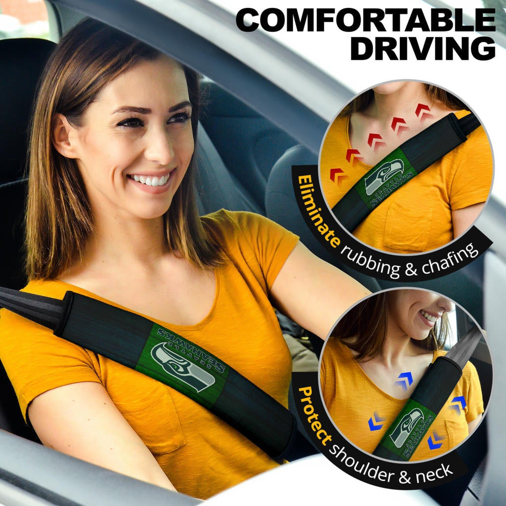 American Football Team Seat Belt Covers - Seattle Seahawks Head On Green Wooden Wall Belt Covers