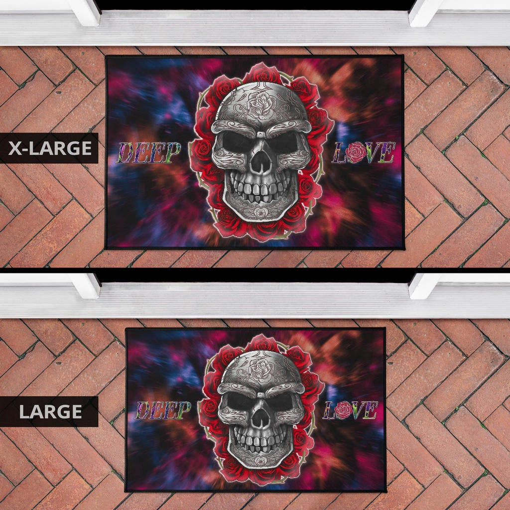 Valentine Door Mat - Red Rose Tattooed Skull Deep Love Door Mat Home Decor