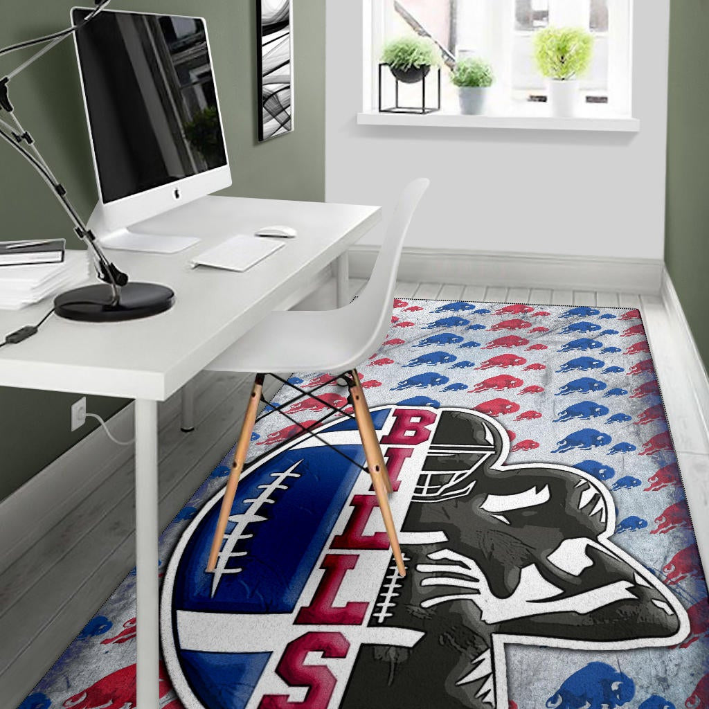 Buffalo Bills American Football Team Area Rug Human Shield With Rugby Ball Buffalo Silhouette Patterns Rugs Home Decor