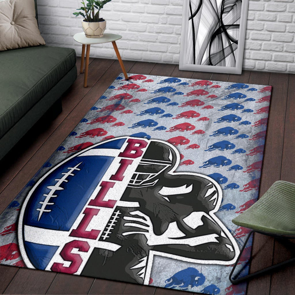 Buffalo Bills American Football Team Area Rug Human Shield With Rugby Ball Buffalo Silhouette Patterns Rugs Home Decor