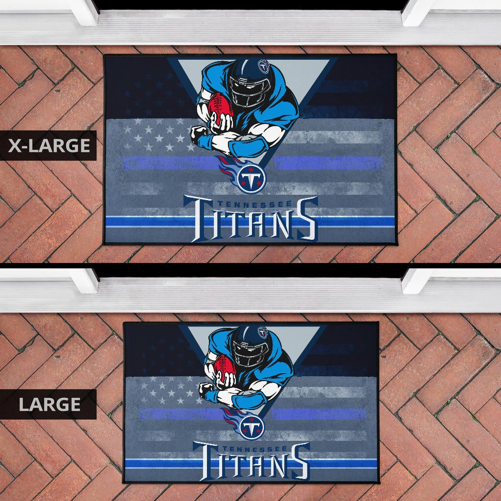 Tennessee Titans American Football Team Door Mat Muscle Player Holding Rugby Flaming Ball US Flag Door Mat Home Decor