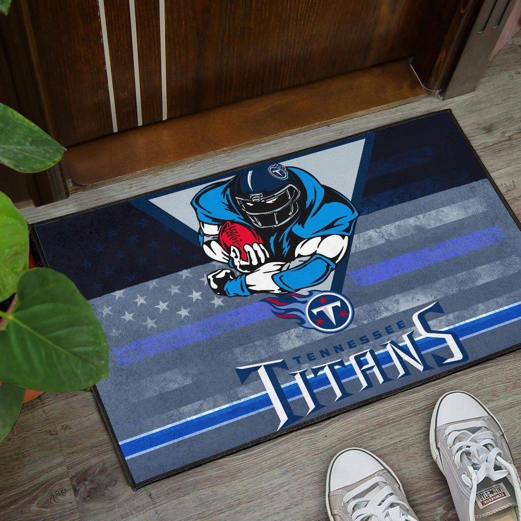 Tennessee Titans American Football Team Door Mat Muscle Player Holding Rugby Flaming Ball US Flag Door Mat Home Decor