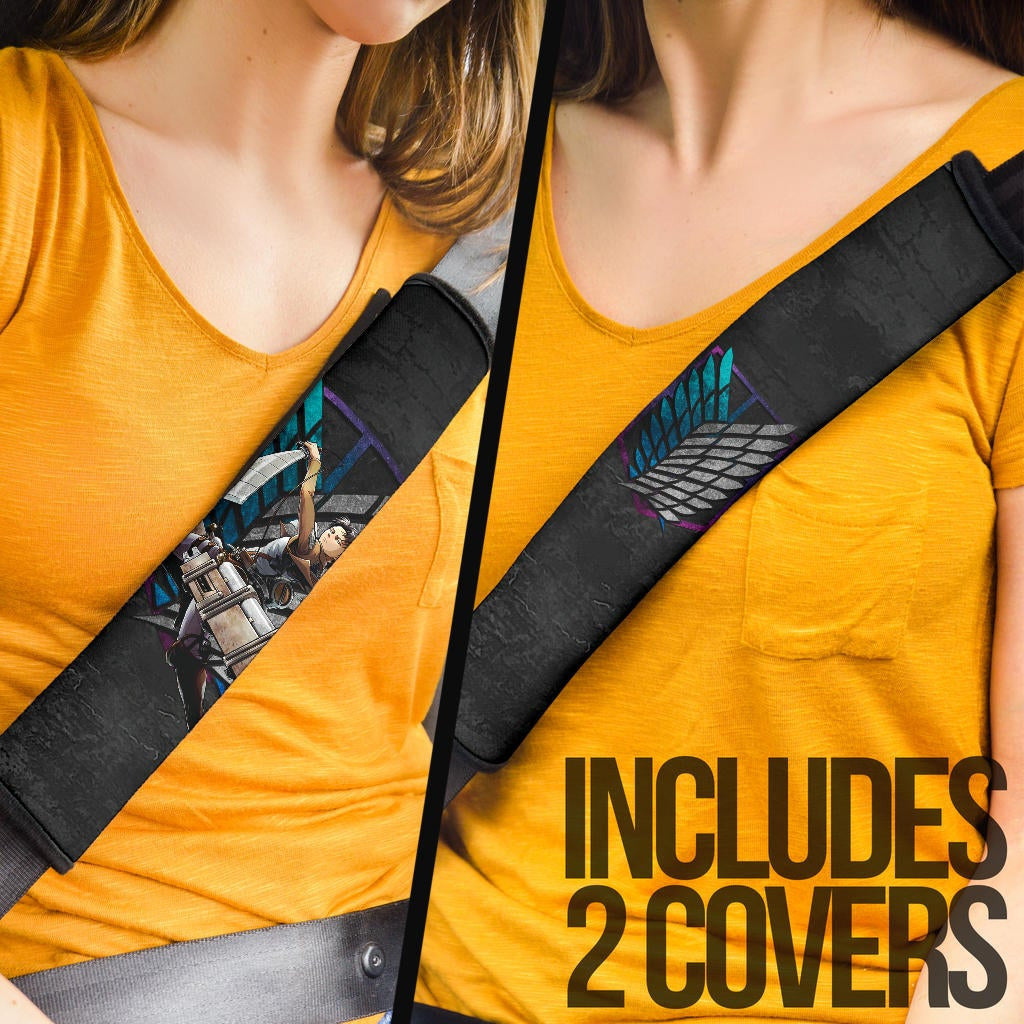 Attack On Titan Anime Seat Belt Covers - Levi Ackerman Fighting Black Chains Wings Of Freedom Symbol Belt Covers
