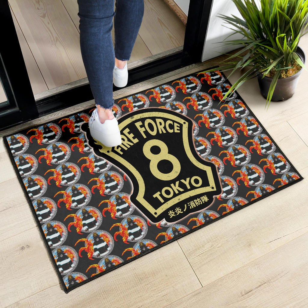 Fire Force Anime Door Mat Shinra Kusakabe Silhouette Evil Smile In Fire Patterns Door Mat Home Decor