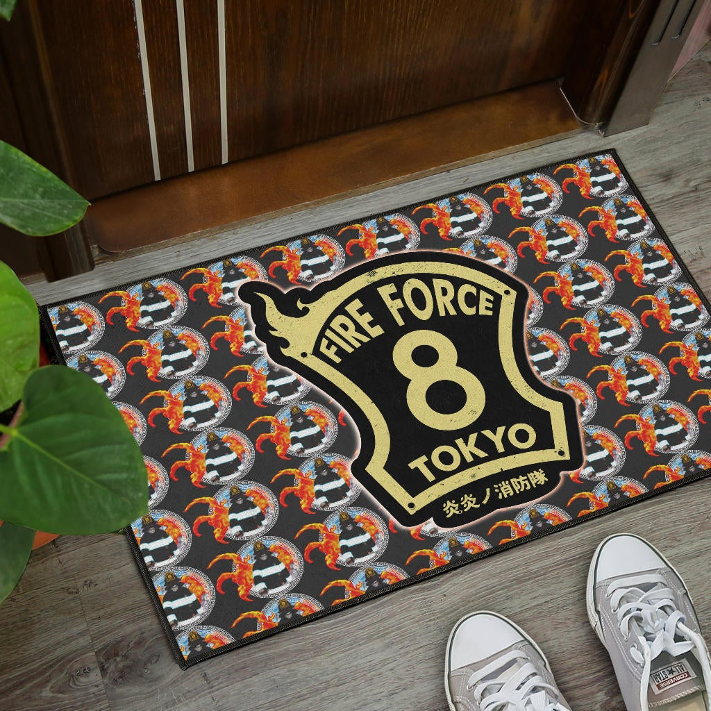Fire Force Anime Door Mat Shinra Kusakabe Silhouette Evil Smile In Fire Patterns Door Mat Home Decor