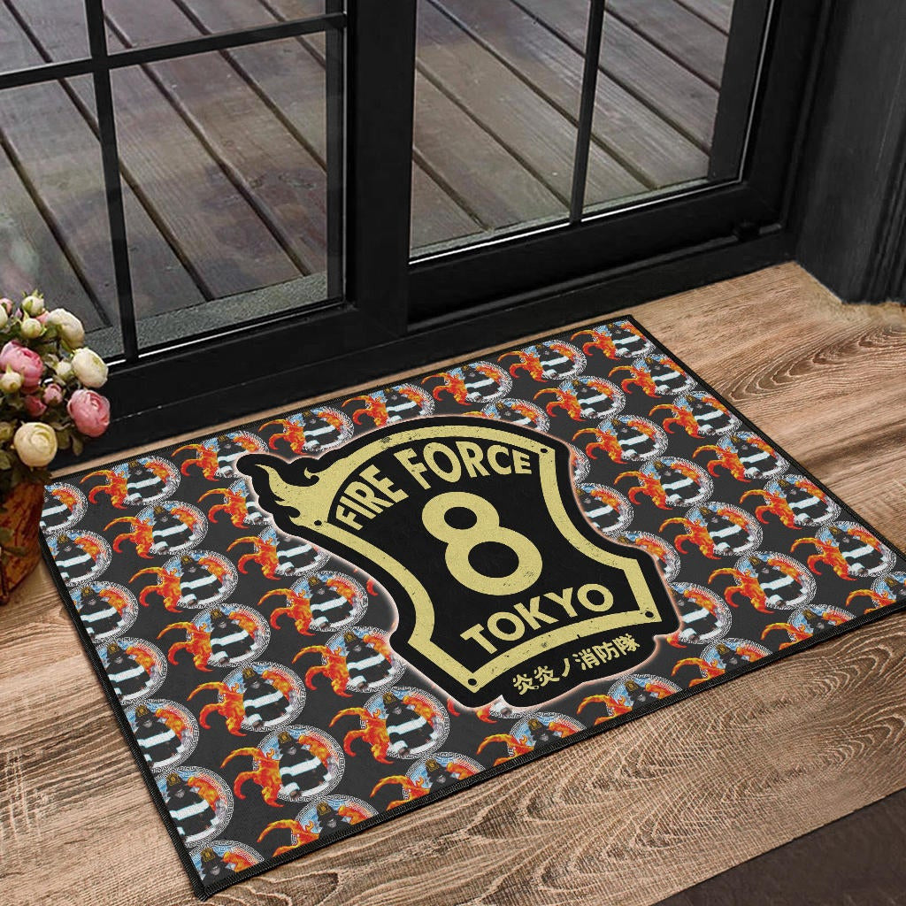 Fire Force Anime Door Mat Shinra Kusakabe Silhouette Evil Smile In Fire Patterns Door Mat Home Decor