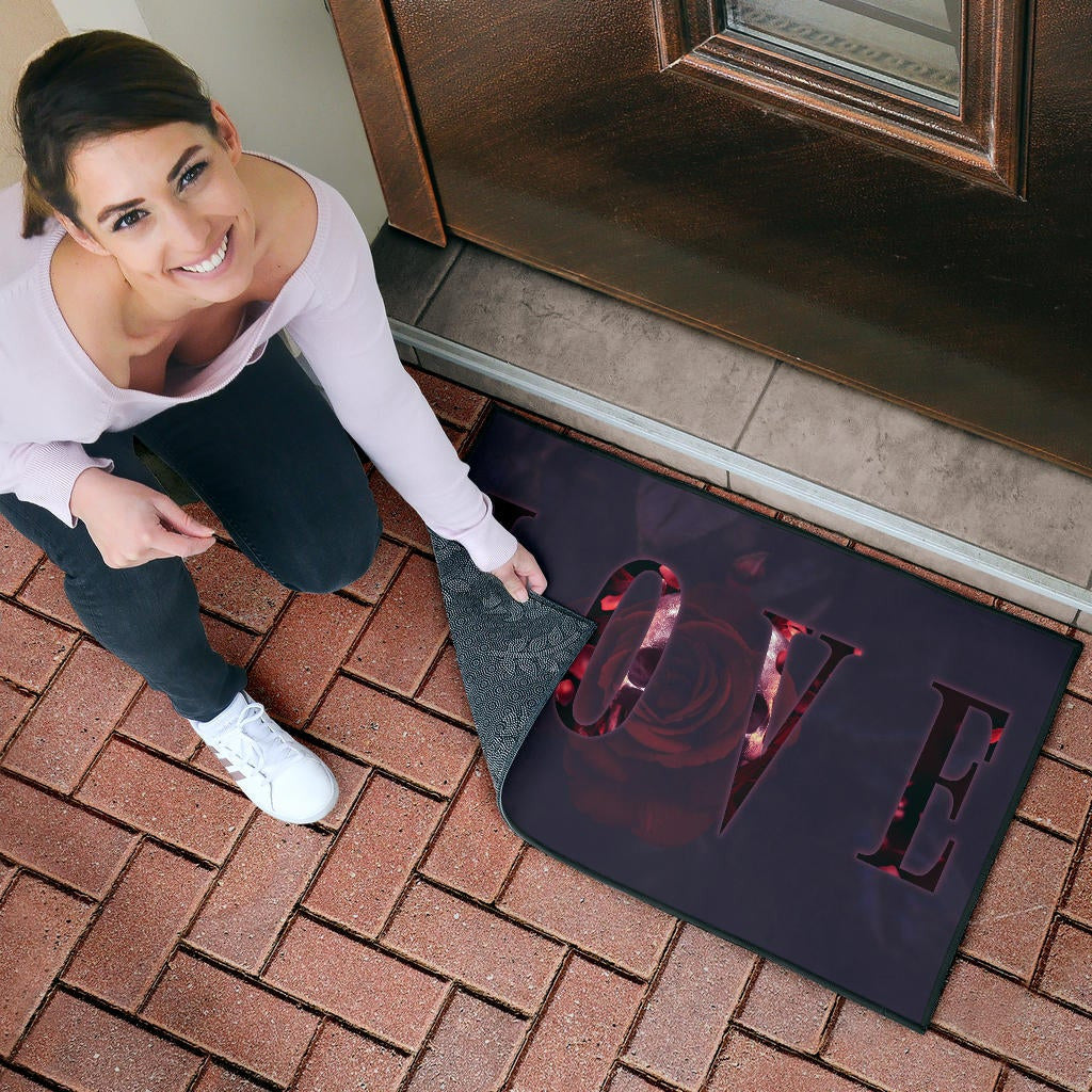 Love Door Mat - LOVE Text Rose Flower Black Background Door Mat