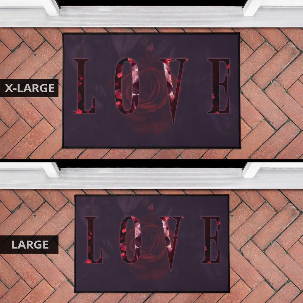 Love Door Mat - LOVE Text Rose Flower Black Background Door Mat