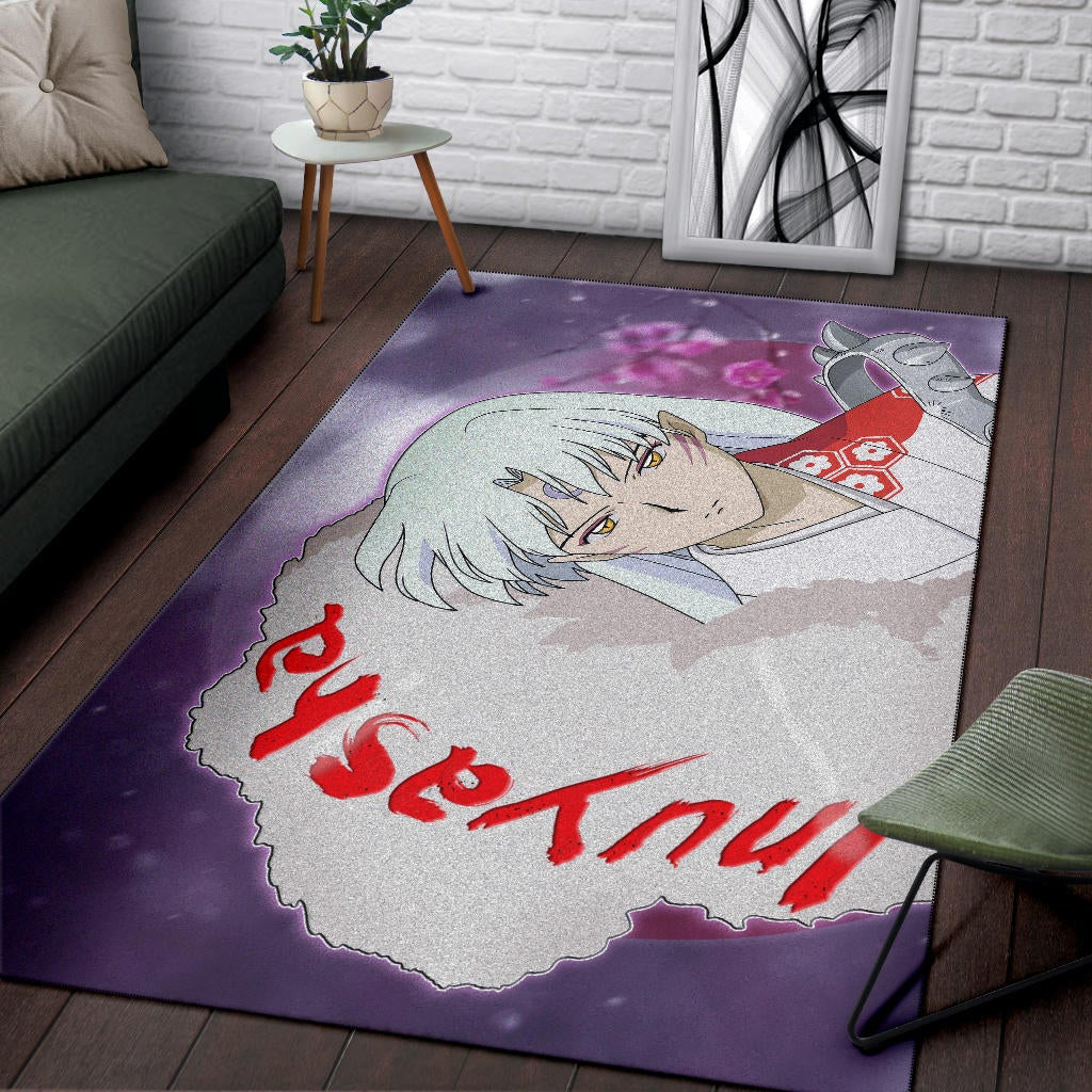 Inuyasha Anime Area Rug Sad Sesshomaru Face Sakura Blossom Flower At Night Rugs Home Decor