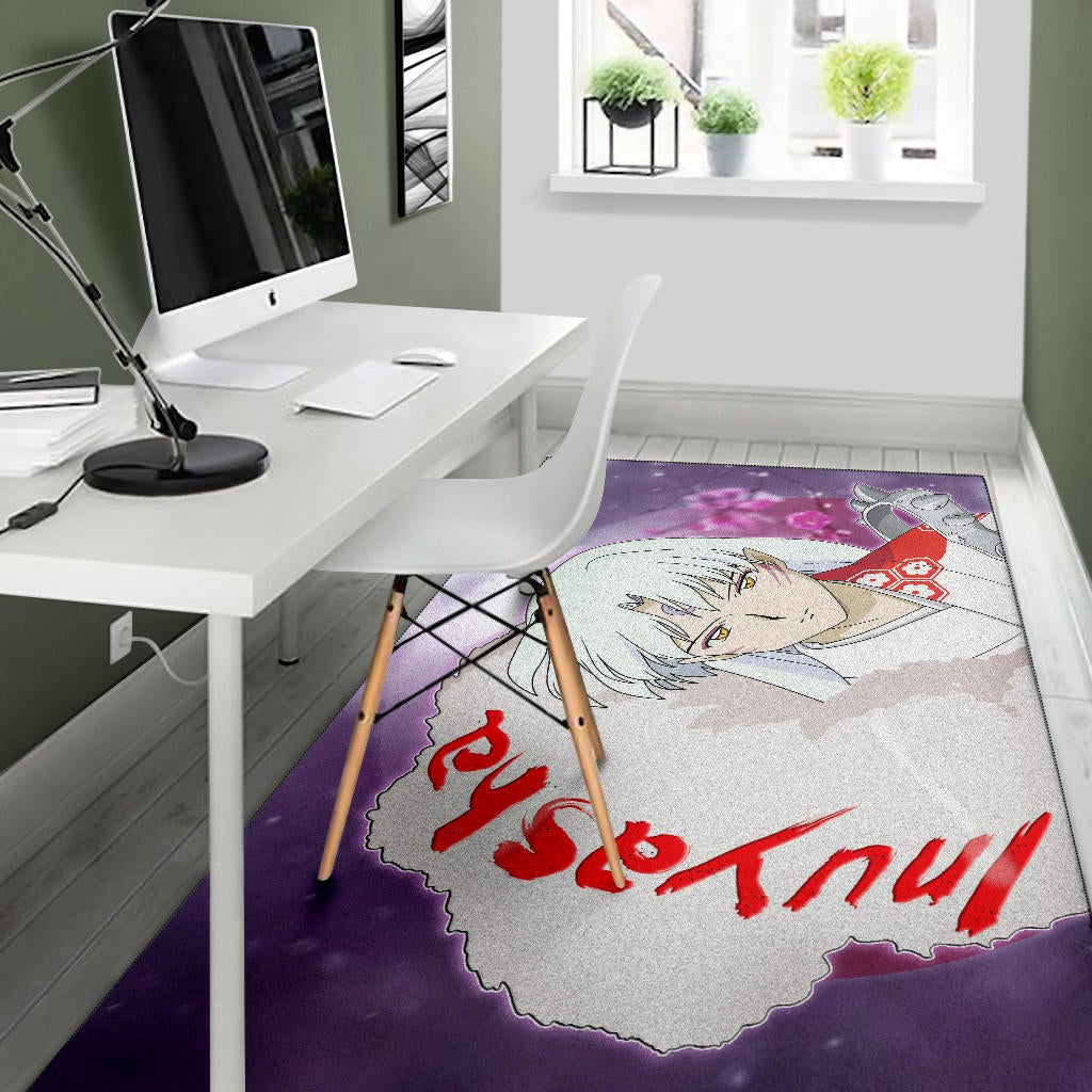 Inuyasha Anime Area Rug Sad Sesshomaru Face Sakura Blossom Flower At Night Rugs Home Decor