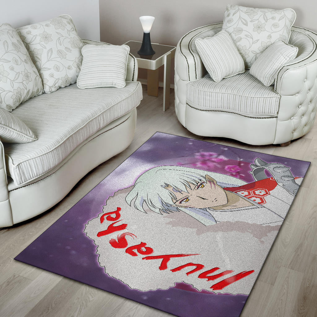 Inuyasha Anime Area Rug Sad Sesshomaru Face Sakura Blossom Flower At Night Rugs Home Decor