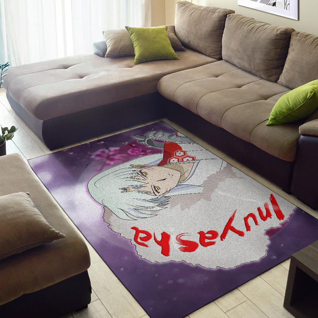 Inuyasha Anime Area Rug Sad Sesshomaru Face Sakura Blossom Flower At Night Rugs Home Decor
