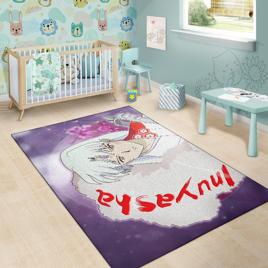 Inuyasha Anime Area Rug Sad Sesshomaru Face Sakura Blossom Flower At Night Rugs Home Decor