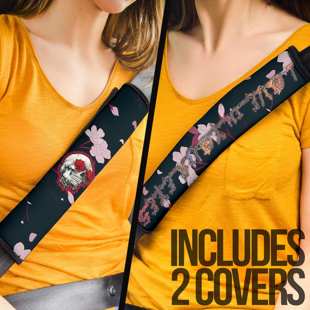 Valentine Seat Belt Covers - Skull With Red Roses Love In Your Eyes Belt Covers