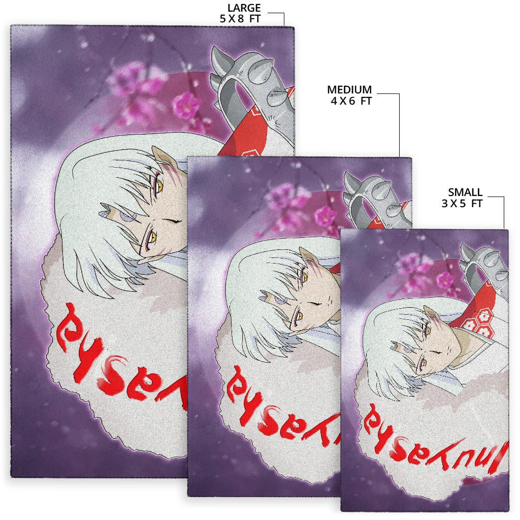 Inuyasha Anime Area Rug Sad Sesshomaru Face Sakura Blossom Flower At Night Rugs Home Decor