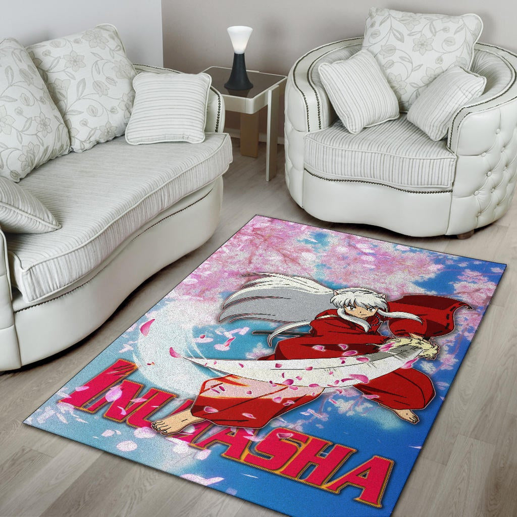 Inuyasha Anime Area Rug Inuyasha Using Sword Sakura Blossom Flower Flying Rugs Home Decor