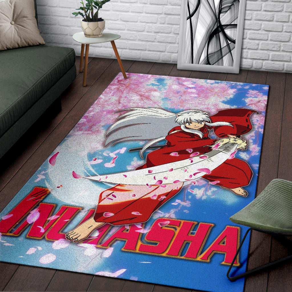 Inuyasha Anime Area Rug Inuyasha Using Sword Sakura Blossom Flower Flying Rugs Home Decor