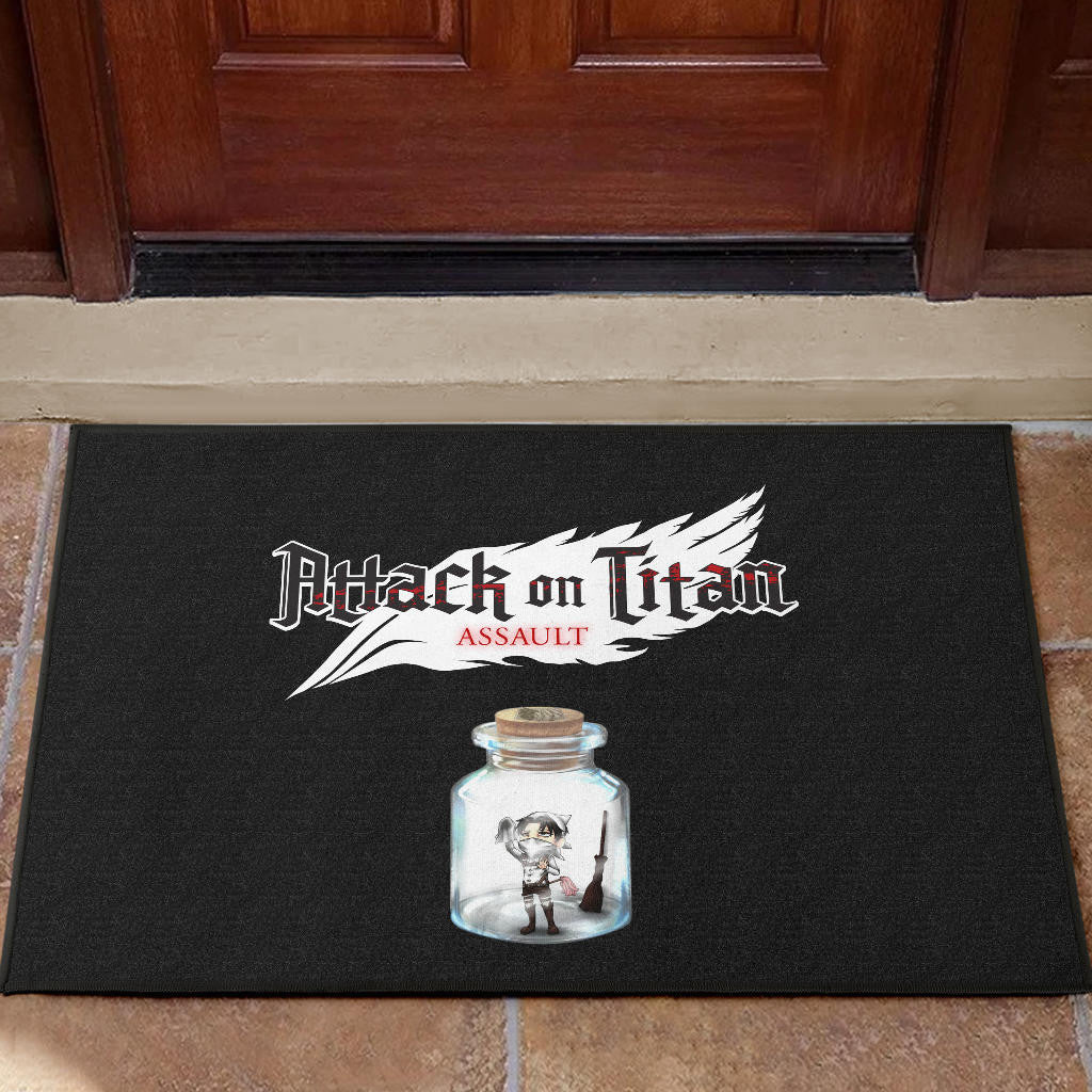 Attack On Titan Anime Door Mat - Funny Chibi Cleaning Levi In Jar Bottle Trap Door Mat Home Decor