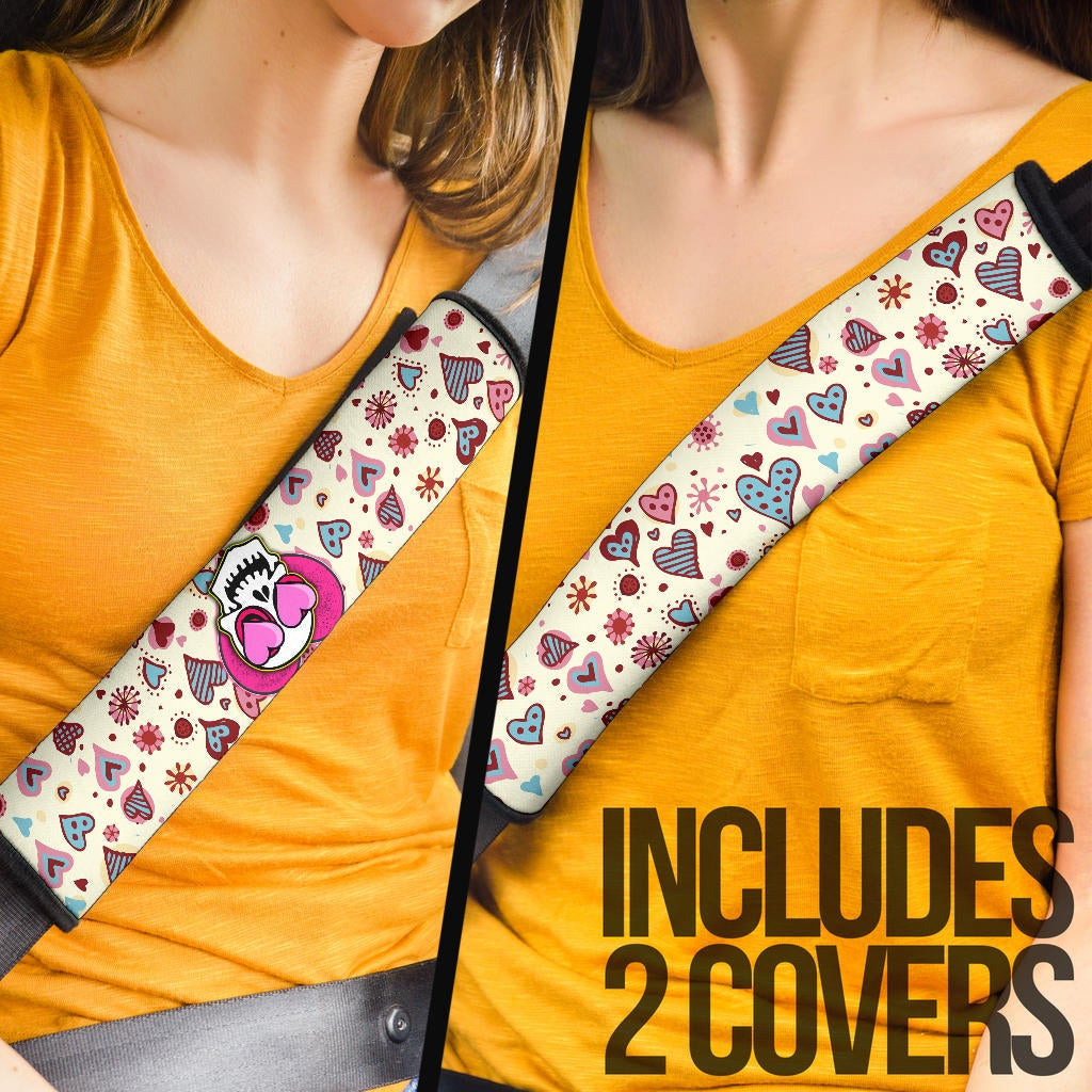 Valentine Seat Belt Covers - Skull In Love Heart Eyes Colorful Patterns Belt Covers