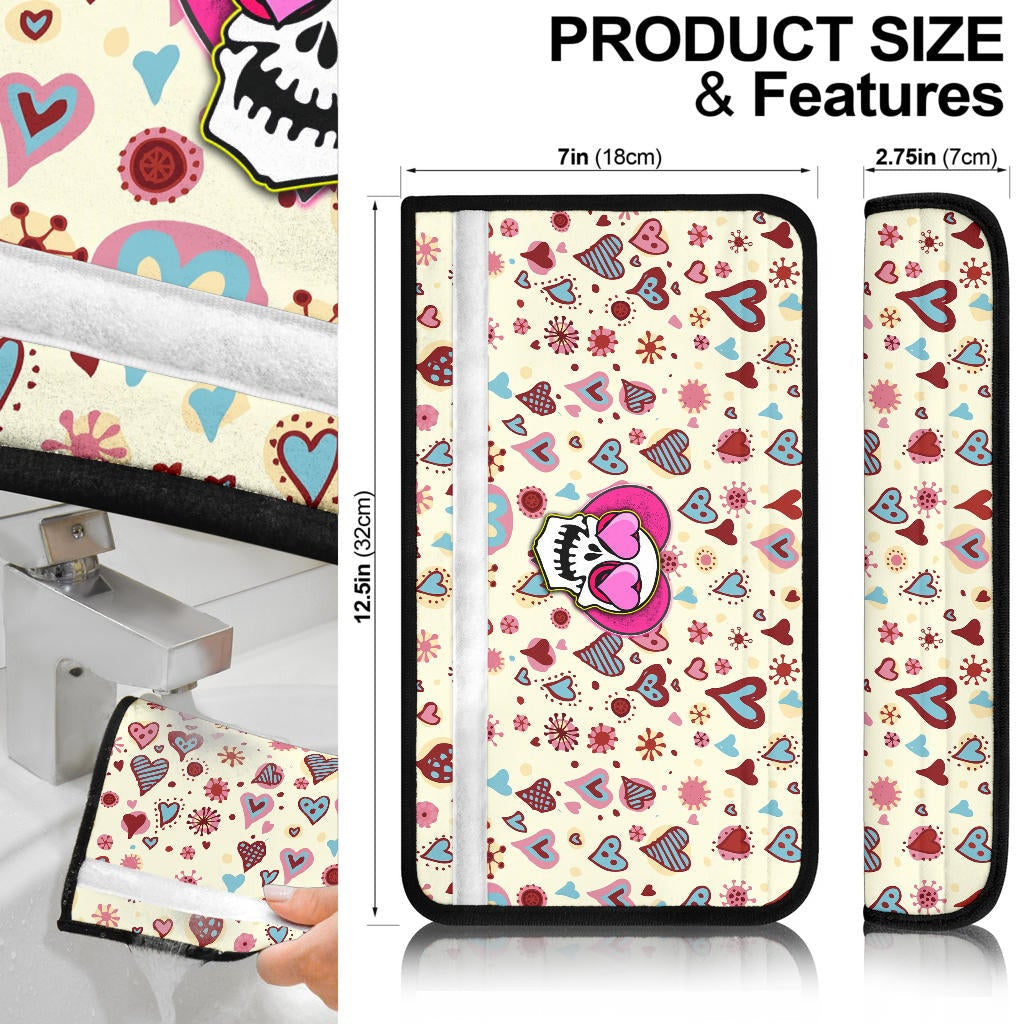 Valentine Seat Belt Covers - Skull In Love Heart Eyes Colorful Patterns Belt Covers