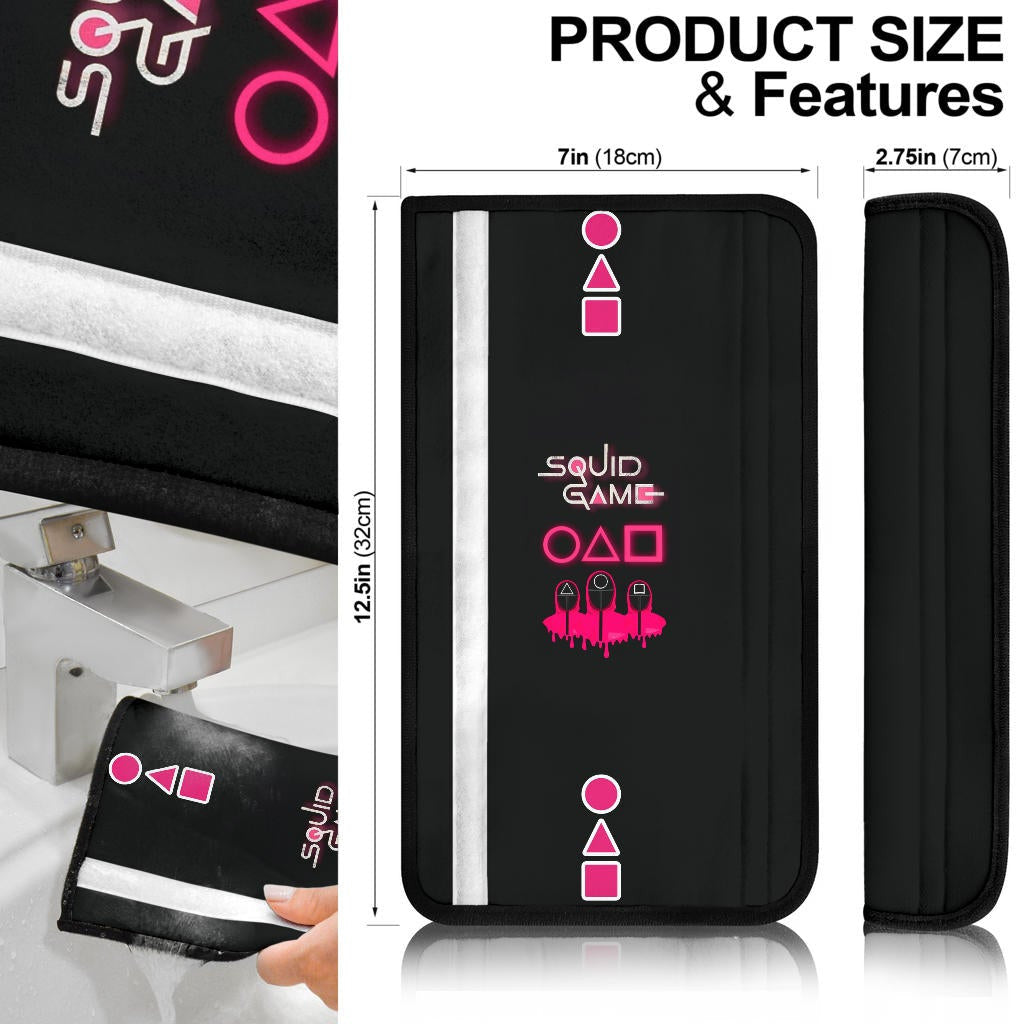 Squid Game Movie Seat Belt Covers - Pink Neon Round Square Triangle Text With Squid Workers Belt Covers