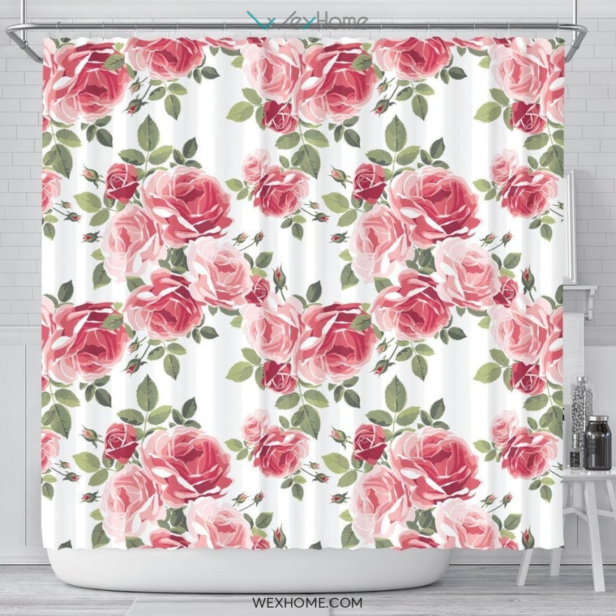 White Rose Pattern Shower Curtain Unique Design Best Decorate