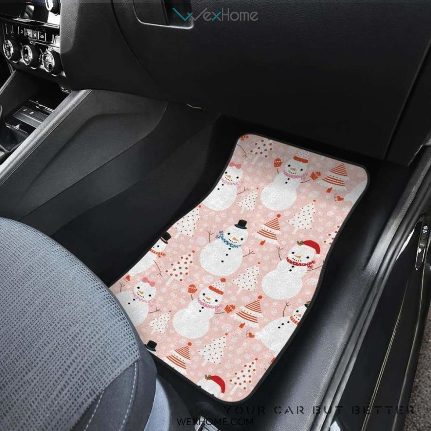Cute Snowman Christmas Tree Snowpink Background Front And Back Car Mats Best Car Gift 2021