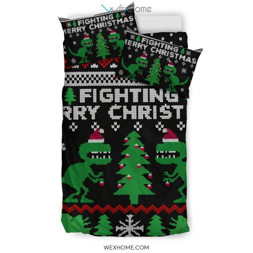 Dinosaur Fighting Merry Christmas Bedding Set