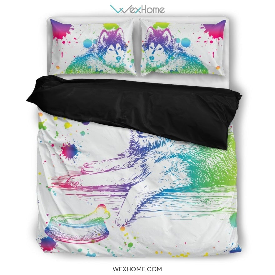 Siberian Husky Watercolor White Background Bedding Set