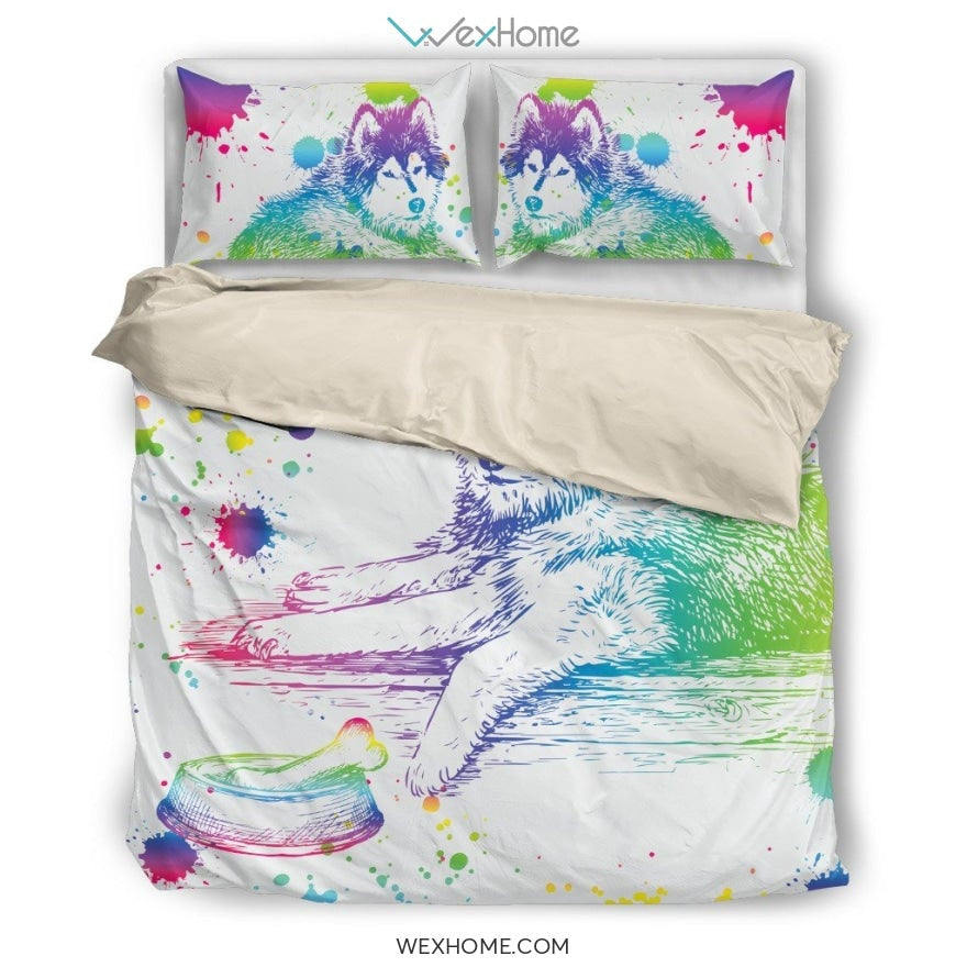 Siberian Husky Watercolor White Background Bedding Set