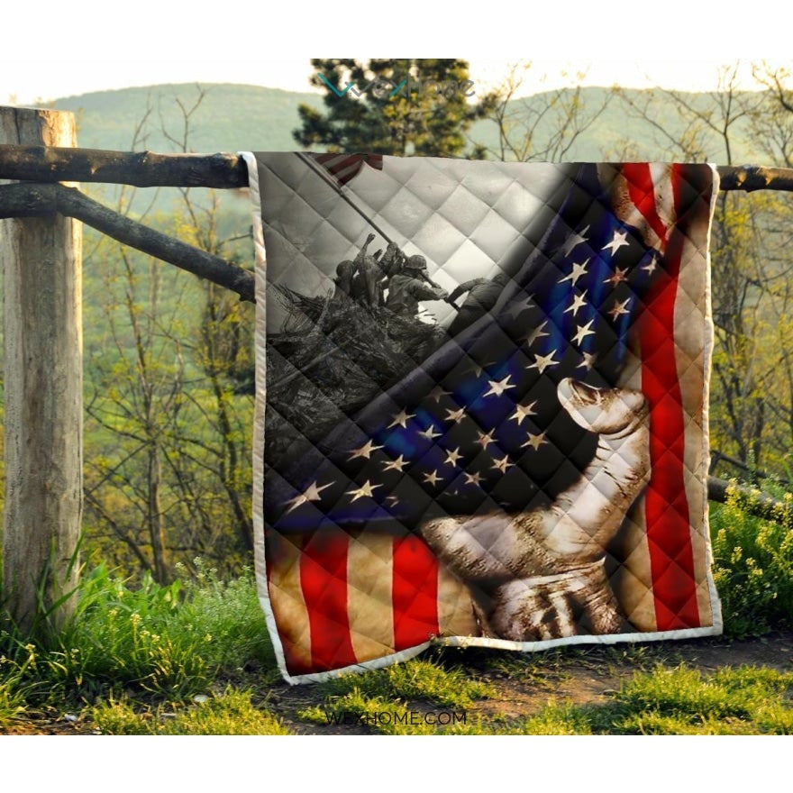 US Veteran Hand Pulling American Flag Quilt