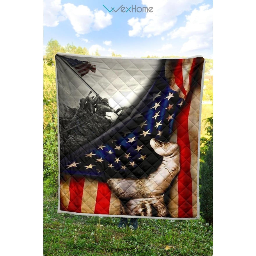 US Veteran Hand Pulling American Flag Quilt