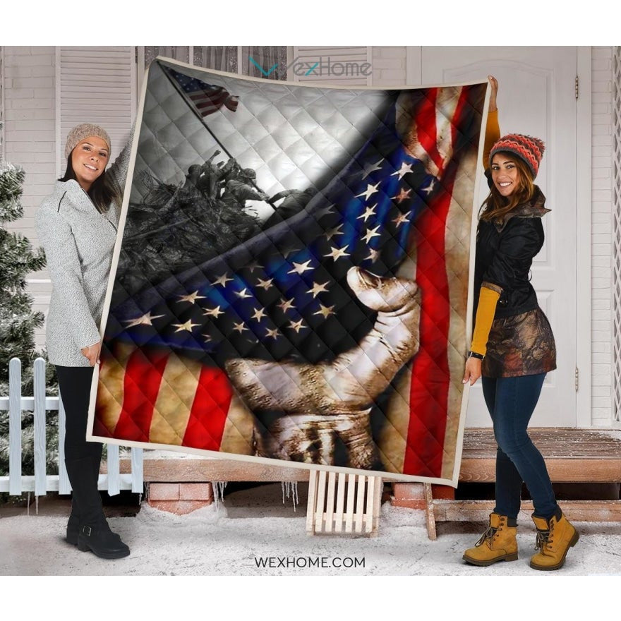 US Veteran Hand Pulling American Flag Quilt