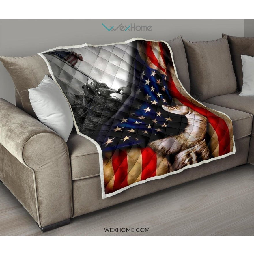 US Veteran Hand Pulling American Flag Quilt