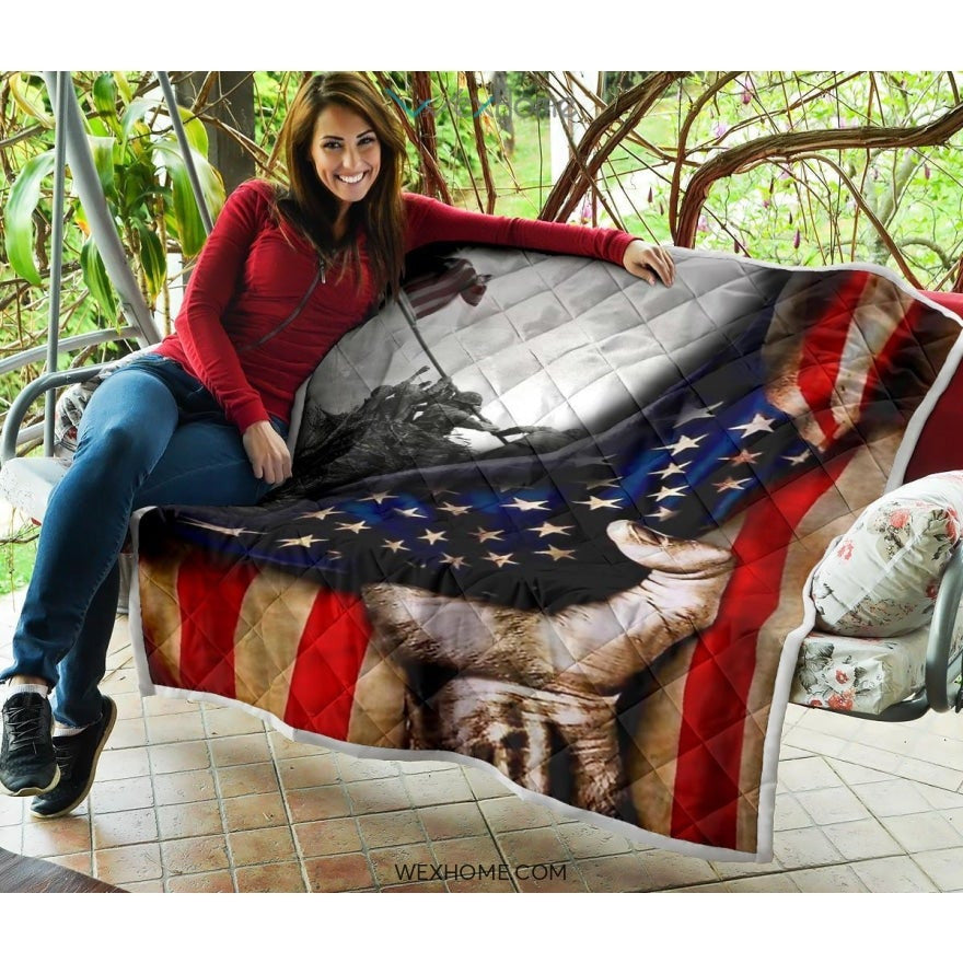 US Veteran Hand Pulling American Flag Quilt