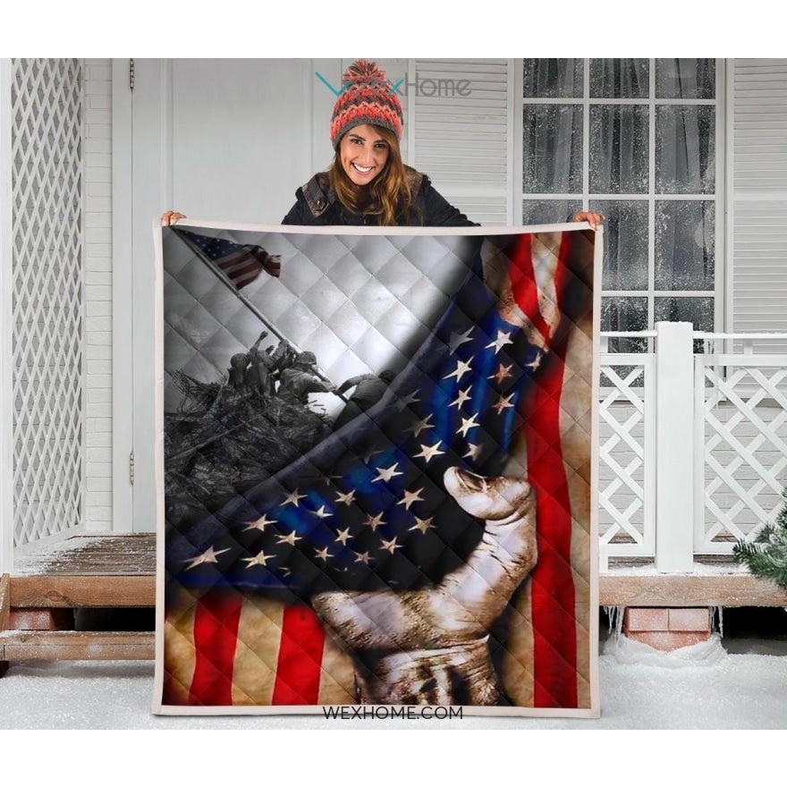 US Veteran Hand Pulling American Flag Quilt