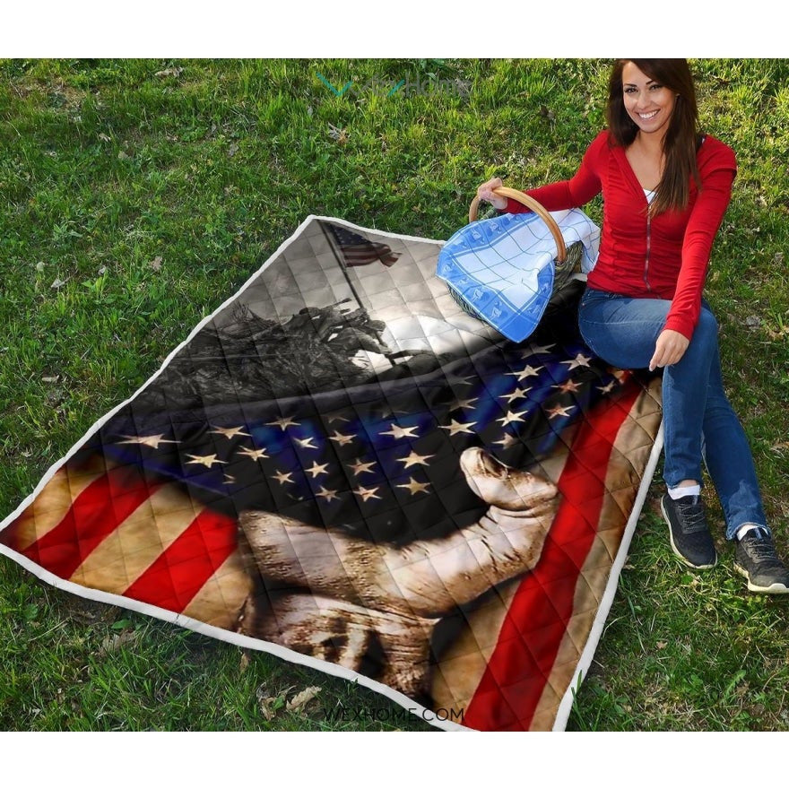 US Veteran Hand Pulling American Flag Quilt