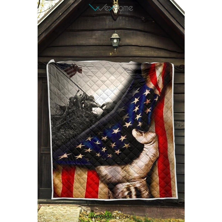 US Veteran Hand Pulling American Flag Quilt