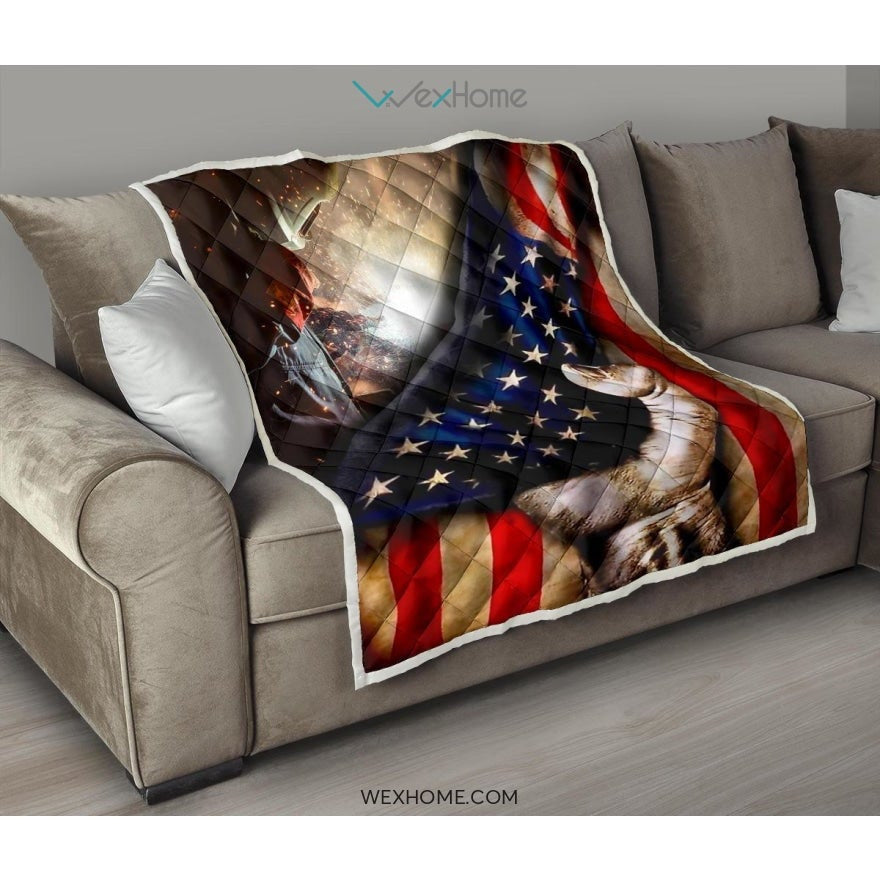 Welder Hand Pulling American Flag Quilt